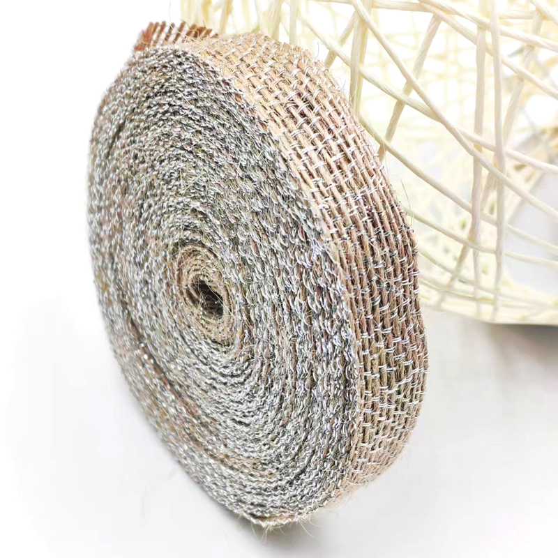 Decoración de bricolaje cinta de tela de yute con línea de pesca de plata 85% yute 15% poliéster