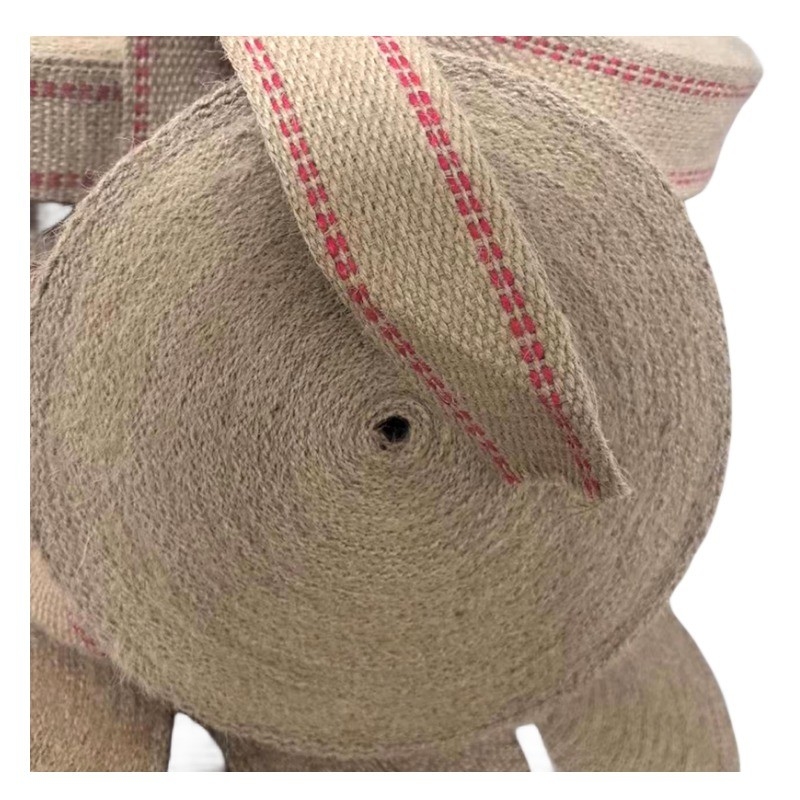 Espeso tejido natural de rayas rojas de yute cinturón rollos para el mango de la bolsa sostenible y elegante