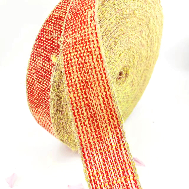 Tejido 100% de tejido de yute de Navidad Arco de cinta de yute con borde amarillo para la decoración del hogar