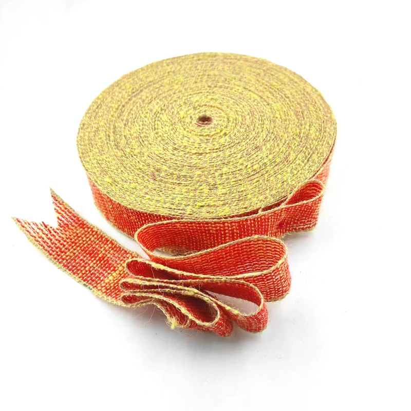Tejido 100% de tejido de yute de Navidad Arco de cinta de yute con borde amarillo para la decoración del hogar