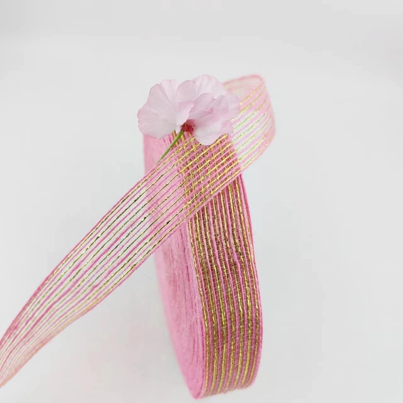 Juto y poliéster Filetos de pescado Glitter cinta decorativa para el envase de regalo de cinta rosa directa